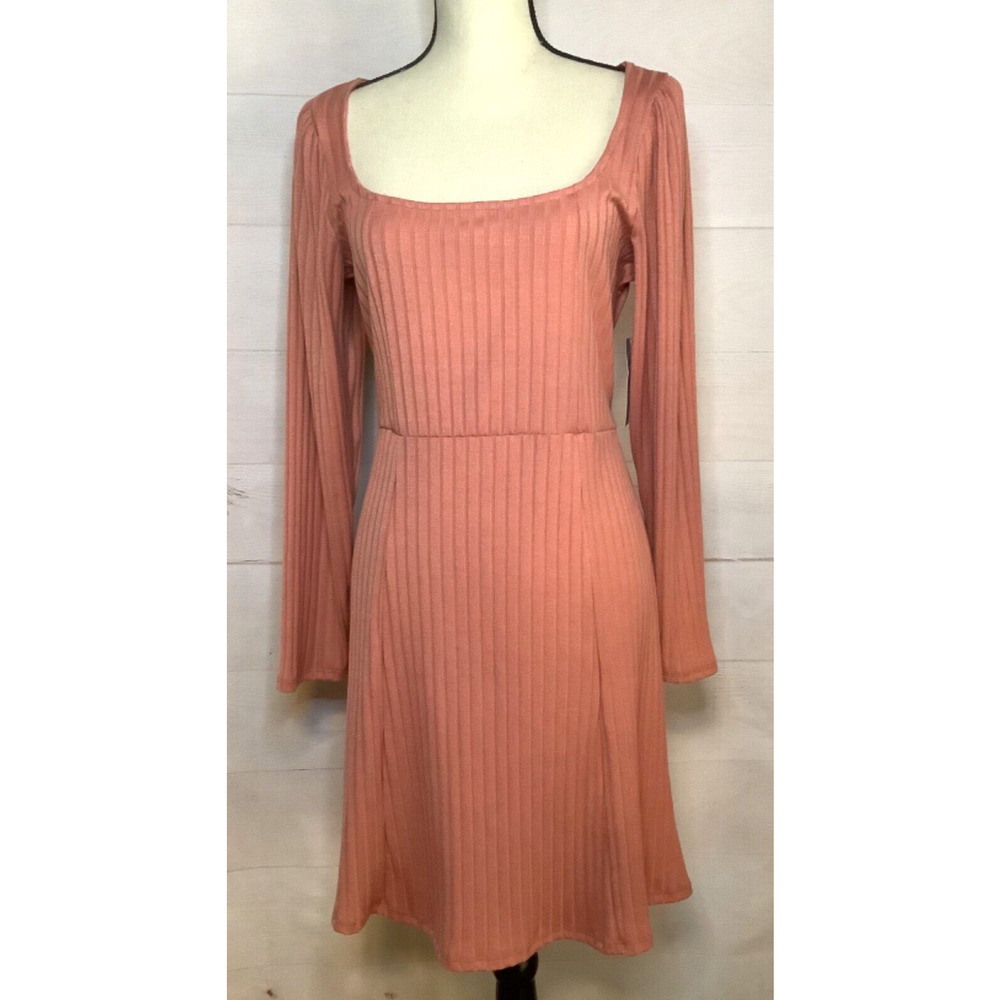 NWT VELVET TORCH sz L soft coral wide ribbed l/s tie back knit dress